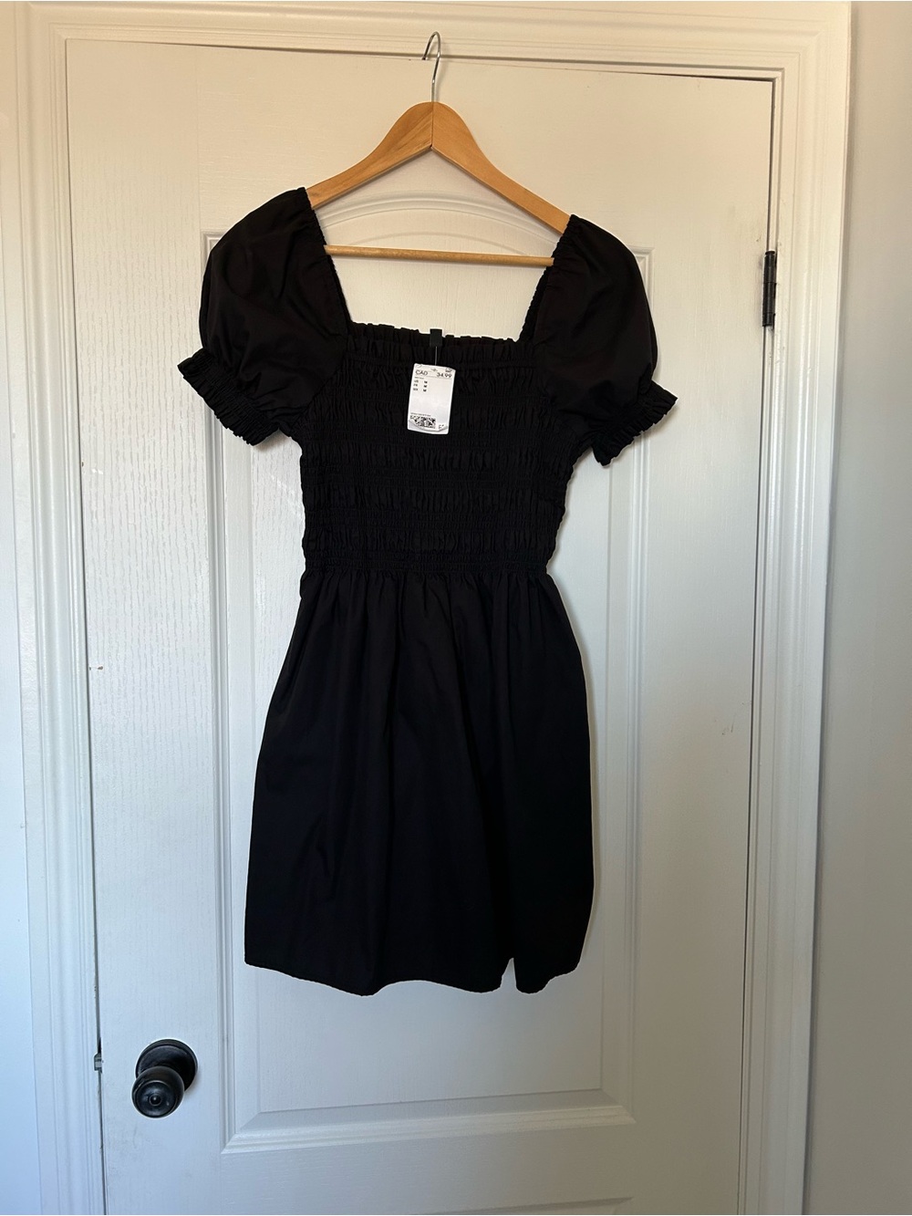 H&M Black Smocked Puff-Sleeve Mini Dress